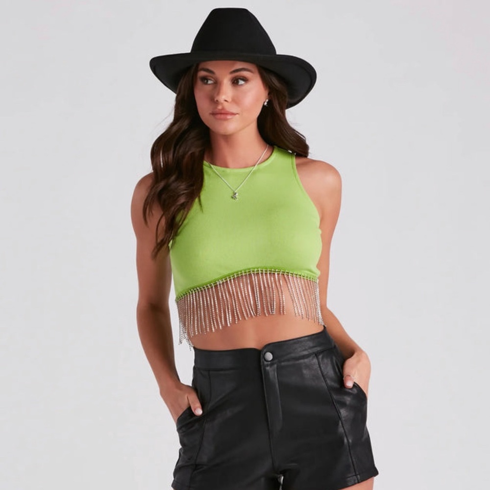 Windsor Lime Green Fringe Crop Top